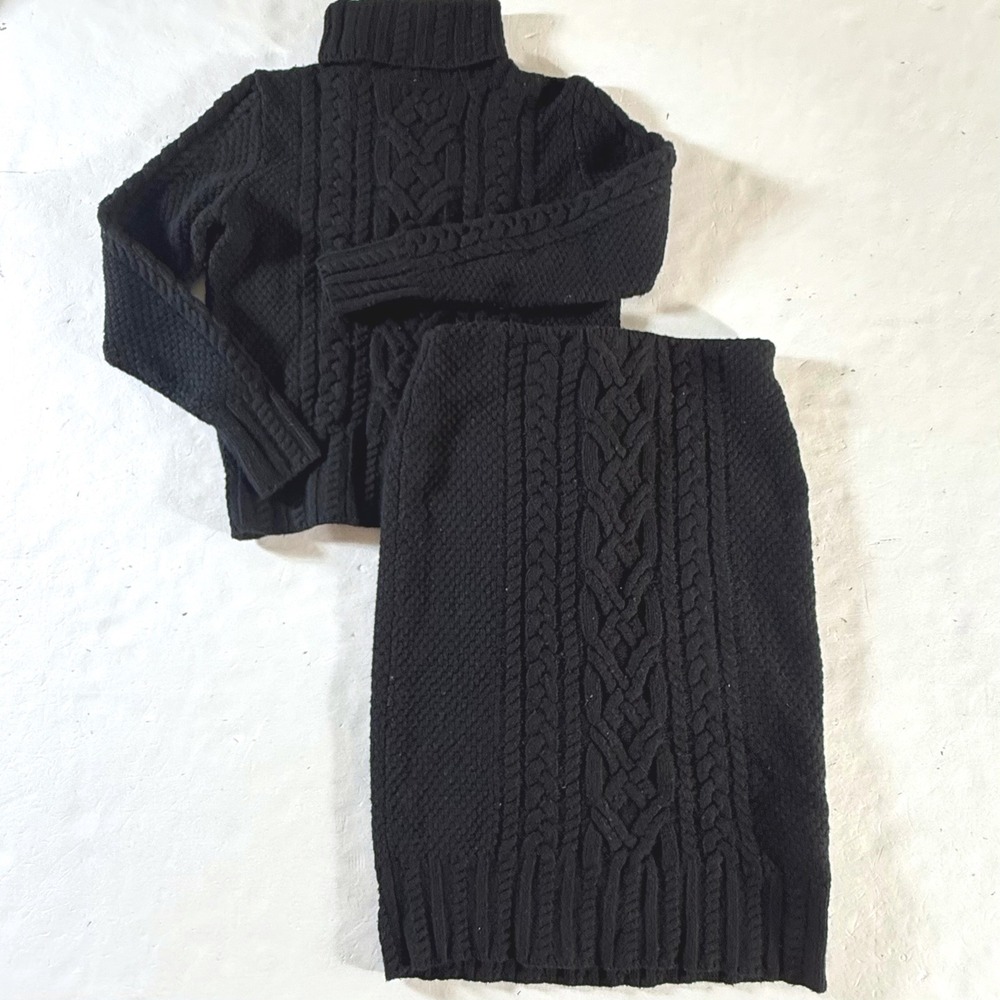 Lauren Ralph Lauren Cable Knit Sweater Skirt Set Women's Medium Black Wool Blend